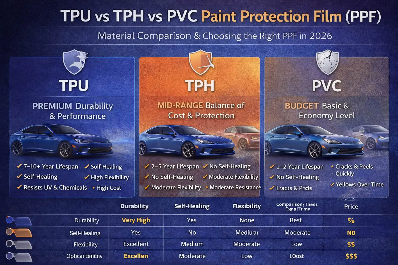 TPU vs TPH vs PVC Paint Protection Film (PPF): Material Comparison & How to Choose in 2026